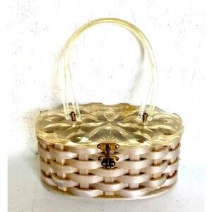 Vintage Oval 1950's MCM Basket Weave Marbled Lucite Purse,  Clear Lid & Handle
